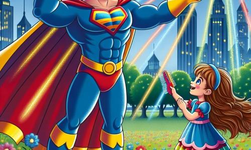 Un superhéroe llamado Brillo, un hombre alto y musculoso, lleva un traje brillante de azul, rojo y amarillo, con una capa flotante. Tiene una gran sonrisa alegre en su rostro, levantando los brazos hacia el cielo, haciendo brillar luces de colores a su alrededor. A su lado, Luzia, una niña de 8 años, con largos cabellos marrones y ojos brillantes, lleva un vestido colorido y sostiene un pincel en su mano. Ella mira a Brillo con asombro, de pie sobre la hierba verde del parque. El parque está lleno de flores brillantes y árboles majestuosos, bajo un cielo azul claro, donde los niños ríen y juegan. La situación principal muestra a Brillo iluminando el parque con luces centelleantes, trayendo alegría y felicidad a todos los niños a su alrededor.