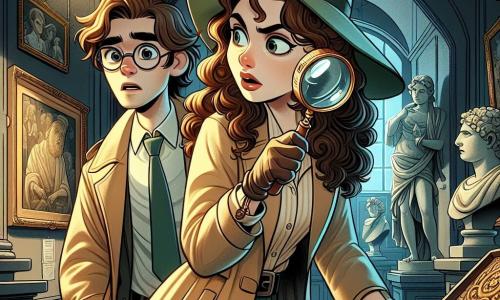 Mira, een vrouwelijke detective met lange, krullende haren en een lichte huid, draagt een grote groene hoed en een beige trenchcoat. Ze heeft een vastberaden en nieuwsgierige blik, terwijl ze een vergrootglas in haar hand houdt en aandachtig een geheime kamer in het museum onderzoekt. Naast haar staat Alex, een jonge man van ongeveer 25 jaar met rommelig bruin haar en ronde bril, die met verbazing naar de scène kijkt. Hij houdt een notitieboek en een pen vast, klaar om aantekeningen te maken over het onderzoek. Hun omgeving is een donkere en mysterieuze kamer, gevuld met oude kunstwerken, marmeren beelden en schilderijen aan de muren. Een gedimde verlichting verlicht de Gouden Sleutel, die schittert op een tafel in het midden van de kamer. De hoofdscène toont Mira die de Gouden Sleutel ontdekt, verborgen achter een oude kast, terwijl Alex, verrast, zich realiseert dat ze op het punt staan het mysterie van de verdwijning van de sleutel op te lossen.