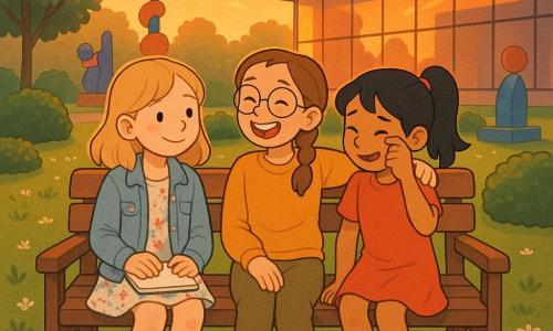 Drie meisjes op een houten bank in een museumtuin bij schemer: Lotte (≈11) met halflang golvend blond haar, lichte spijkerjas en bloemenjurk links, glimlacht naar de zon en houdt een schetsboek; Eva (≈10) met bruine vlecht en ronde bril in het midden, mosterdtrui en kaki broek, lacht naar haar vriendinnen; Noor (≈9) rechts, zwarte paardenstaart, rode jurk en witte sneakers, veegt een traan weg en begint te glimlachen; gouden schemerlicht, lange schaduwen, groene gazon met kleine witte bloemen, gesnoeide struiken en kleurrijke beelden op de achtergrond, kalme, warme sfeer met steunzame gebaren en zachte, pastelkleuren in een frisse lijnvoering.