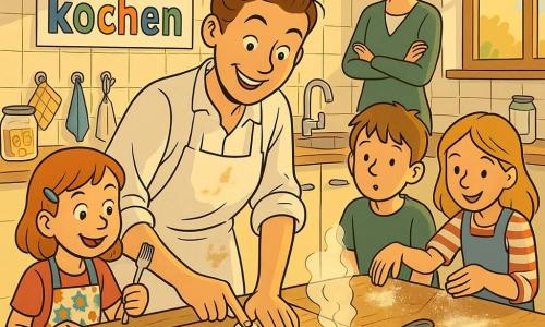 Eine lächelnde, konzentrierte Chefköchin mit braunem Dutt und weißer mehlbefleckter Schürze formt auf einem Holzbrett sanft Gnocchi; drei Kinder in bunten Schürzen (Mädchen ca. 9, Junge ca. 8, Mädchen ca. 10) stehen um den Tisch, das 9-jährige Mädchen hält eine Gabel und imitiert das Rillen, der Junge beobachtet den kochenden Topf, das 10-jährige Mädchen streut etwas Mehl; im Hintergrund eine lächelnde Lehrerin (ca. 35) mit verschränkten Händen vor einem großen Tafelbild mit dem Schriftzug Fair kochen als einfache, bunte Tafel; helle, großzügige Schulküche mit langen Holztischen, cremefarbenen Fliesen, großen Wasserhähnen, Regalen mit Vorratsgläsern, aufgehängten Tüchern und einem großen Fenster mit warmem Spätnachmittagslicht; im Vordergrund ein dampfender Topf, mehlige Krümel und einige frische Salbeiblätter, lebhafte, warme und ordentliche Atmosphäre.