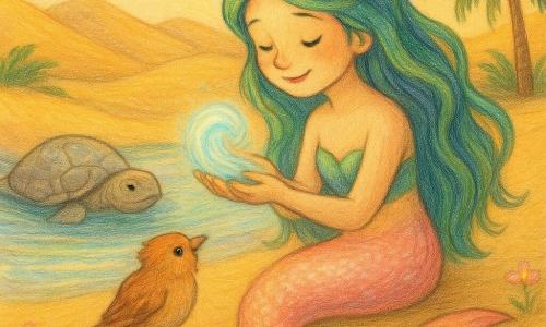 Eine junge Meerjungfrau sitzt auf einer goldenen Sanddüne, mit sanftem, lächelndem Gesicht und langen grünen-blauen Algenhaaren, ihre perlmuttrosa Schwanzflosse schimmert; sie neigt den Kopf, singt leise und hält eine kleine leuchtende Welle in den Händen, ein zerbrechlicher männlicher Vogel mit rostbraunem Gefieder sitzt vor ihr auf einem Felsen, aufmerksam und erleichtert lauschend, eine alte graue Schildkröte mit rissiger Panzerkante ist halb in einer klaren Pfütze links versunken und beobachtet die Szene; die Szenerie ist eine versteckte Oase zwischen schimmernden Dünen mit regenbogenfarbenen Wasserreflexen, Palmen und biolumineszenten Blüten auf dem Rücken der Meerjungfrau und im Sand, sanftes Licht, pastellfarbene, warme, beruhigende Atmosphäre, sichtbare Bleistiftstriche und Papiertextur.