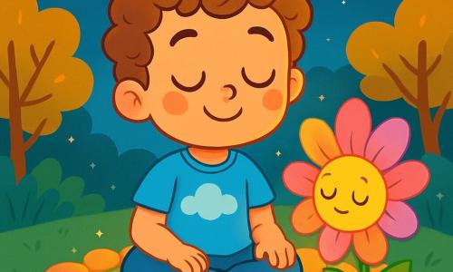 Un niño de 4 años, llamado Tomás, con grandes ojos brillantes y una sonrisa suave, está sentado en el centro de un círculo de piedras luminosas. Tiene el cabello rizado y castaño claro, y lleva una camiseta azul con un diseño de nubes. Respira profundamente, con las manos en las rodillas, y su rostro expresa una serenidad alegre. A su lado, una flor mágica de pétalos coloridos, en tonos de rosa, amarillo y violeta, se abre lentamente, emitiendo una luz suave y cálida. El lugar es un jardín encantado, bañado en una suave luz lunar. Las piedras del círculo brillan como estrellas, y alrededor, árboles con hojas doradas bailan suavemente al viento. La escena muestra a Tomás respirando profundamente, rodeado por la luz de la flor, mientras se prepara para entrar en un mundo de sueños pacíficos. Las colores son vivos y tranquilizadores, creando una atmósfera de calma y magia.