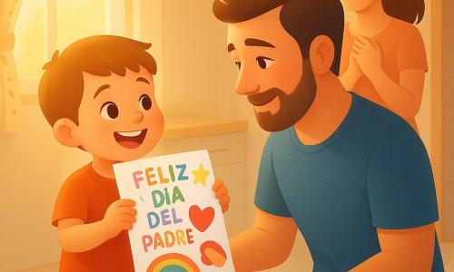 Un niño de 4 años, pelo castaño claro corto, ojos avellana, rostro regordete y sonrisa radiante sostiene orgulloso un dibujo multicolor que ofrece a su papá; está alegre, de puntillas junto a una pequeña mesa de madera. El padre, unos 35 años, de rostro amable y barba corta bien cuidada, con camiseta azul, se arrodilla emocionado con los ojos humedecidos. La madre, unos 33 años, pelo castaño largo en coleta, sonríe junto a la puerta de la cocina con las manos en el pecho. La escena transcurre en una cocina luminosa por la mañana, suelo y mesa de tonos claros, ventana con cortinas florales y luz dorada; en la mesa hay lápices de colores, papel recortado y una caja pequeña de galletas. Momento principal: el niño entrega un dibujo que dice Feliz Día del Padre, gesto tierno y festivo, ambiente cálido y familiar; estilo gráfico: formas suaves, degradados y texturas planas, paleta pastel con toques vivos en el dibujo.