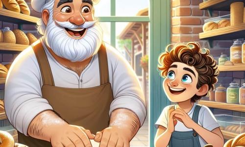 Un uomo, Giovanni, è al centro dell'immagine, un grande panettiere con una barba bianca e occhi scintillanti. Sorride calorosamente, con le mani piene di farina, mentre impasta un impasto per il pane su un tavolo di legno. Accanto a lui, un ragazzo di 8 anni di nome Luca, con capelli ricci e un grande sorriso, osserva con meraviglia, tenendo un piccolo quaderno tra le mani. Il luogo è una deliziosa panetteria, con muri di mattoni e scaffali pieni di pani dorati e dolci colorati. La luce del mattino filtra attraverso la vetrina, creando un'atmosfera calda e accogliente. Giovanni e Luca stanno preparando il pane insieme, con risate e un'atmosfera di complicità, mentre l'impasto lievita dolcemente sul tavolo, simboleggiando l'amore e la magia della panetteria.
