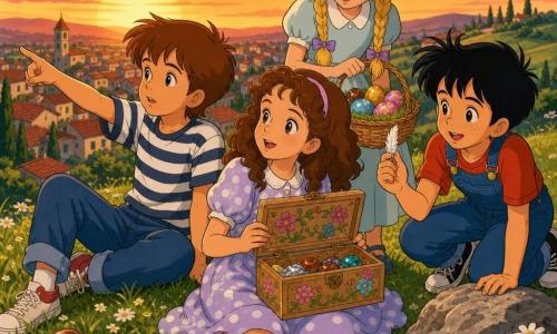 Una bambina di circa 10 anni dai capelli castani ricci e occhi nocciola, seduta su una collina erbosa in vestito a pois pastello e tenendo una piccola scatola di legno decorata con fiori; un ragazzo di circa 10 anni, Luca, capelli castano corti e maglietta a righe, seduto a sinistra e con una mano che indica l'orizzonte; una bambina, Anna, con trecce bionde e vestito leggero, in piedi dietro la scatola che ride e tiene un cesto di uova di Pasqua colorate; un ragazzo, Simone, capelli neri spettinati e salopette, accovacciato vicino a una pietra che mostra una piccola piuma bianca trovata; luogo: dolce collina che domina un villaggio dai tetti rossi, erba verde con margherite, cielo al tramonto arancione e rosa, luce calda; atmosfera tenera e festosa intorno alla scatola dei tesori con cioccolatini, nastri, piccole pietre lucenti e motivi floreali sulla scatola.