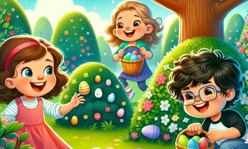 In un giardino magico, quattro bambini sono intenti a cercare le uova di Pasqua. Leo, un ragazzo di 10 anni con capelli castani e occhiali, cerca sotto un cespuglio fiorito con un grande sorriso. Sara, una ragazza di 9 anni con capelli biondi e ricci, è seduta sull'erba con un cesto colorato pieno di uova, ridendo di gioia. Giulia, una ragazza di 8 anni con capelli castani e un vestito rosa, salta di felicità scoprendo un'uovo nascosto dietro un albero. Marco, un ragazzo di 7 anni con occhiali e capelli neri, si avvicina a un grande platano, curioso di vedere cosa c'è dietro. Il giardino è pieno di fiori vivaci: tulipani rossi, margherite bianche e violette blu, sotto un cielo azzurro. Al centro, una fontana scintillante riflette il sole, circondata da farfalle colorate. I bambini seguono le impronte bianche lasciate da un misterioso coniglio di Pasqua, cercando uova magiche in questo luogo incantevole.