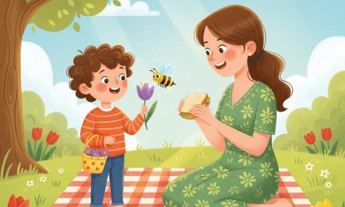 Een vrolijke, verwonderde jongen van 4 jaar met krullend bruin haar houdt een klein geel mandje en bekijkt een paarse bloem van dichtbij; de moeder (ongeveer 30–35) glimlacht in een groene bloemenjurk, zittend op een rood-wit geruit plaid en biedt een sandwich aan naast de jongen; een kleine geel-zwarte bij met doorschijnende vleugels zoeft bij de bloem; het park heeft zacht groen gras, rode en gele tulpen, een boom met lichtgroene bladeren en een blauwe hemel met pluizige wolken; gouden zonnestralen vallen door de takken en creëren zachte weerkaatsingen op het plaid; hoofdscène: een vredig, nieuwsgierig voorjaarspicknickmoment gecentreerd op de personages; stijl: felle kleuren, eenvoudige vormen, zachte lijnen, lichte schaduwen, warme rustige sfeer.