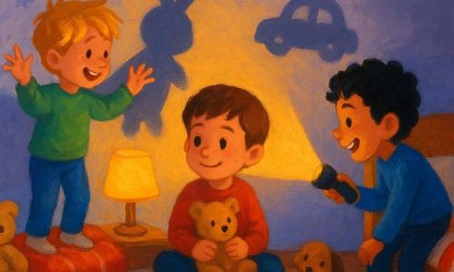 Ci sono tre bambini: Luca, circa 5 anni, capelli castani corti, occhi dolci, tiene un orsacchiotto beige e una piccola lampada da comodino accesa, seduto al centro del tappeto rivolto verso il muro; Marco, circa 6 anni, capelli biondi spettinati, sorriso malizioso, a sinistra di Luca in piedi su un cuscino con le mani alzate a creare ombre; Gianni, circa 5 anni, capelli neri ricci, tiene una torcia gialla a destra di Luca, chinato per illuminare il muro. Ambientazione: camera infantile accogliente di notte, pareti lavanda, grande lampada da comodino gialla calda, coperta di cotone a righe rosse e bianche sul letto, peluche sparsi, adesivi di stelle argentate al soffitto, tappeto crema soffice e parete chiara usata come schermo per le ombre. Situazione principale: i tre giocano con luci e ombre proiettate sul muro; lampada e torcia formano l'ombra di un grande coniglio e di una piccola macchina; Luca al centro osserva le ombre sorridendo, meno spaventato; Marco e Gianni ridono e lo incoraggiano; atmosfera dolce, colori caldi, texture della coperta e dei peluche visibili, forti contrasti tra la luce gialla e il muro scuro.