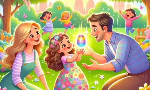 In un parco soleggiato, una bambina di tre anni, di nome Giulia, con capelli castani e ricci, indossa un vestito colorato con motivi floreali. Si sta accovacciando, meravigliata, davanti a un uovo scintillante dai colori dell'arcobaleno, che ha appena scoperto tra fiori vivaci. Accanto a lei, sua madre, una donna sorridente con capelli lunghi e biondi, vestita con una blusa pastello, la incoraggia con uno sguardo pieno d'amore. Un po' più in là, suo padre, un uomo gioioso con una leggera barba e una camicia a quadri, applaude la scoperta della figlia, con le braccia aperte in segno di incoraggiamento. Il parco è pieno di verde lussureggiante, con alberi in fiore e bambini che giocano sullo sfondo. Palloncini colorati fluttuano nell'aria e decorazioni pasquali adornano le panchine. La scena cattura il momento magico in cui Giulia scopre l'uovo speciale, circondata dall'amore della sua famiglia, in un'atmosfera festosa e gioiosa di Pasqua.