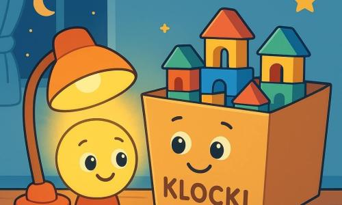 Mała uśmiechnięta lampka o okrągłym, świecącym ciele emituje ciepłe światło na drewnianej półce. Jej oczy błyszczą ciekawością, wydaje się radosna, jakby zadawała pytanie. Obok niej stoi duży karton z klockami, w żywych kolorach i różnych kształtach, otwarty. Klocki są poukładane w małe budynki, a karton ma przyjazny wyraz, jakby zachęcał lampkę do jeszcze jaśniejszego świecenia. Miejsce to przytulny pokój, ze ścianami pomalowanymi na pastelowy niebieski i złotymi gwiazdami zawieszonymi na suficie. Miękki dywan pokrywa podłogę, a okno wpuszcza światło księżyca, tworząc magiczną atmosferę. W tej scenie lampka zastanawia się, dlaczego świeci, podczas gdy klocki bawią się w budowanie domów pod łagodnym światłem lampki.