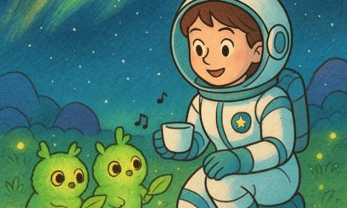 Główna postać to uśmiechnięta kobieta-astronautka o krótkich brązowych włosach w biało-niebieskim skafandrze z małą naszywką gwiazdy; klęczy, trzyma kubek herbaty i spotyka grupkę uroczuch obcych wielkości kociaka — okrągłe, zielone, pluszowe istoty z dużymi złotymi oczami, które dzwonią jak dzwoneczki i podają świecące liście; scena na małej nocnej planecie ze świecącą trawą, miękkim gruntem, kolorowymi skałami i gwiaździstym niebem z kolorowymi smugami, atmosfera ciepła, spokojna i przyjazna, wymiana przez gesty i melodie