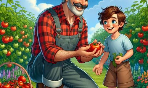 Ein Mann, der Bauer Herr Müller, steht im Mittelpunkt des Bildes, lächelnd mit einem breiten Strohhut auf dem Kopf, einem karierten roten Hemd und einer Stoffhose. Er zeigt einem jungen Jungen, Max, wie man Tomaten erntet, seine Augen strahlen vor Freude und Aufregung. Max, ein etwa 8-jähriger Junge mit zerzausten braunen Haaren, trägt ein blaues T-Shirt und Shorts. Er hockt neben Herr Müller und hält eine rote Tomate in seinen kleinen Händen, mit einem breiten Lächeln auf seinem Gesicht. Die Szene spielt auf einem sonnigen Bauernhof, umgeben von grünen Feldern und bunten Blumen. Im Hintergrund sieht man einen großen Gemüsegarten voller reifer Tomaten, mit ordentlich gereihten Pflanzen. Der Himmel ist strahlend blau, mit einigen flauschigen weißen Wolken. Die Hauptsituation zeigt Herr Müller, der Max lehrt, wie man Tomaten erntet, mit Weidenkörben voller frischem Gemüse neben ihnen. Die Atmosphäre ist fröhlich und lebhaft, erfüllt mit leuchtenden Farben und der Schönheit der Natur.