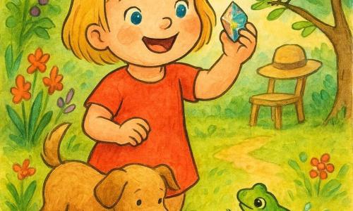 Dwuletnia radosna, ciekawa dziewczynka z krótkimi blond włosami i błękitnymi oczami pokazuje mały błyszczący kawałek kolorowego szkła; obok niej mały, miękki pies Fafik o jasnobrązowym futerku merda ogonem i węszy szkło, na gałęzi siedzi żółty ptaszek pochylony ku niej i śpiewa, mała zielona żabka skacze do błotnej kałuży rozbryzgując wodę; ogród to jasny skrawek z trawą, kolorowymi kwiatami, krzewem z fioletowymi jagodami, ziemną ścieżką i dużym kapeluszem na krześle w tle, atmosfera radosna i miękka, złote poranne światło, widoczne faktury tuszu i proste kreski dostosowane do maluchów.
