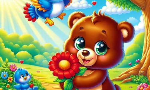 Un pequeño oso de peluche llamado Rami, con un suave pelaje marrón y ojos brillantes de curiosidad, está de pie en un claro soleado, sosteniendo una hermosa flor roja en sus pequeñas patas. Muestra una gran sonrisa, expresando su alegría por ofrecer un regalo. A su lado, un pájaro azul brillante llamado Azul, con plumas relucientes y un aire juguetón, vuela alegremente alrededor de Rami, cantando con entusiasmo. Azul está posado en una rama de árbol, mirando a Rami con admiración. El lugar es un claro verde, rodeado de majestuosos árboles con hojas brillantes y flores coloridas que bailan con la suave brisa. El sol brilla alto en el cielo, creando sombras suaves en el suelo. La escena principal muestra a Rami, el oso, listo para ofrecer la flor a su mamá Osa, que se encuentra un poco más lejos, en una pequeña casa de madera, llena de luz y calor. Rami está lleno de emoción y felicidad por la idea de hacer feliz a su mamá con este regalo especial.