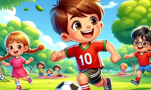 O personagem principal, Miguel, é um garoto de 8 anos com cabelos castanhos e olhos brilhantes de alegria. Ele usa uma camisa de futebol vermelha com o número 10, um short preto e tênis brancos. Ele está driblando a bola com um grande sorriso no rosto, mostrando sua paixão pelo jogo. Ao seu lado, seus amigos, Clara e Lucas, também participam da ação. Clara, uma menina de 8 anos com cabelos loiros em tranças e um uniforme de futebol rosa, aplaude Miguel com entusiasmo. Lucas, um garoto de 9 anos com cabelos negros e óculos, corre para se posicionar para receber o passe de Miguel. A cena acontece em um parque verde, cheio de grandes árvores e flores coloridas. Ao fundo, crianças brincam e famílias fazem piqueniques. O sol brilha em um céu azul claro, criando uma atmosfera alegre. A situação principal mostra Miguel driblando a bola com determinação, cercado por seus amigos que o incentivam, ilustrando o espírito de equipe e a alegria do jogo.