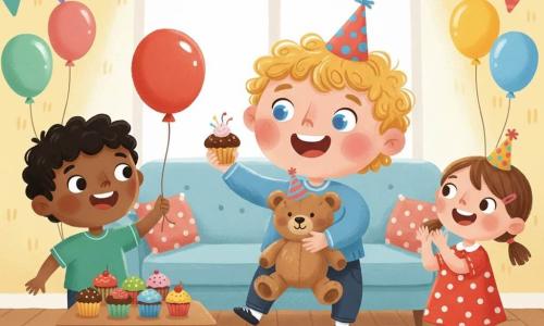 A joyful, colorful birthday scene: a 2-year-old blond curly-haired boy with a round face, bright blue eyes, big smile and rosy cheeks jumps for joy holding a cupcake topped with a party hat; a slightly worn brown teddy on his lap also wears a mini party hat and looks at the cupcake; a friend girl (~3) with light skin and brown pigtails in a polka-dot dress applauds to his right; a friend boy (~4) with tan skin and short black hair holds a red balloon to his left near a low table; bright living room with pastel yellow walls, multicolored bunting, floating balloons, a star-patterned plush rug and a table of colorful cupcakes; painted in gouache with visible thick brushstrokes, vivid contrasting colors and a warm, playful atmosphere.