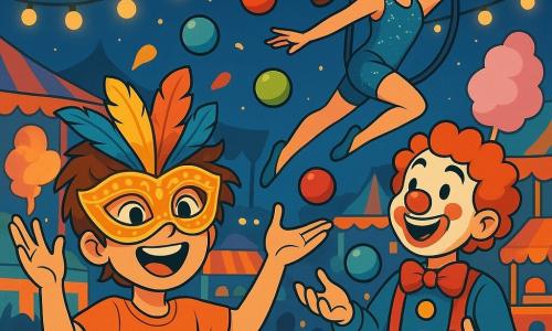 A 12-year-old boy, Max, with tousled brown hair and sparkling eyes, wears a golden mask adorned with colorful feathers. He smiles in wonder, arms raised, as if he has just discovered a magical treasure. Next to him, a jovial clown around 30 years old, with a white-painted face and a red nose, juggles colorful balls, laughing with joy. A 10-year-old acrobat girl, with long curly hair, is suspended in the air, dressed in a sparkling costume, with a focused and determined look. The scene takes place in a lively square decorated with string lights and colorful stalls, where the sweet smell of cotton candy fills the air. Fireworks light up the night sky, creating a festive and magical atmosphere. Surrounded by his friends, Max participates in an impromptu performance, juggling balls under the applause of an amazed crowd.