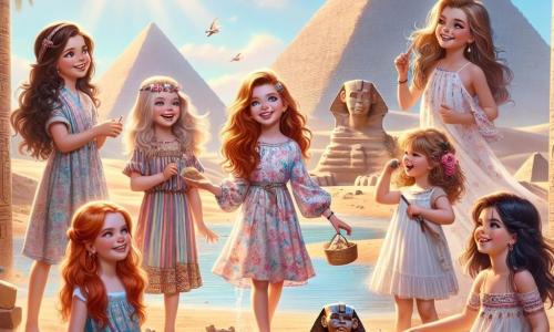 In a sunny landscape of Ancient Egypt, five little girls stand together, surrounded by majestic pyramids. **Lily** (8 years old) has long brown hair and wears a colorful dress, smiling while holding a sand game. **Mia** (7 years old) has braided blonde hair and wears a straw hat, having fun drawing hieroglyphs in the sand. **Emma** (9 years old) has curly hair and wears a light tunic, gazing in wonder at the pyramids. **Zoe** (6 years old) has red hair and wears a floral dress, playing near the Nile and splashing water joyfully. **Ava** (8 years old) has black hair and wears a colorful scarf, helping to gather stones to complete the Sphinx. In the center, an unfinished large Sphinx stands with its mysterious face and majestic body. The sky is bright blue, and the sun shines intensely, casting soft shadows on the sandy ground. The girls, with radiant smiles, work together to finish the Sphinx's nose, combining their strength and creativity to preserve a piece of history.