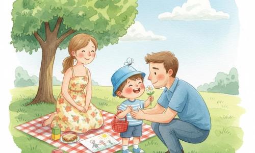 A joyful 4-year-old boy in a bright blue hat, tousled brown hair, rosy cheeks and laughing eyes holds a small red basket and shows a white flower; his smiling, moved father (about 35) with a light beard and casual shirt kneels at knee level to embrace him on the right; the attentive mother (about 32) with a ponytail and floral dress stands behind a red-and-white picnic blanket smiling at the scene; sunny park with a large green lawn, round‑canopied tree casting dappled shade, fluffy white clouds and a butterfly perched on the hat; main scene: surprise Father's Day picnic — the boy gives a flower and a drawing to his father, tender joyful mood, soft colors and visible watercolor textures.