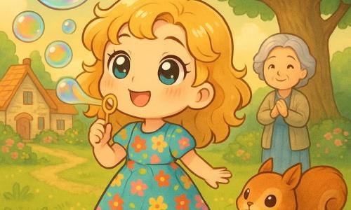 An 8-year-old girl, Pippa, with sparkling big eyes and curly blonde hair, smiles joyfully while looking at the sky. She wears a colorful dress with floral patterns and is whistling a cheerful tune. Next to her, Finn, a mischievous squirrel with a bushy tail, watches her curiously, holding a nut in his tiny paws. In the background, Granny Willow, an elderly woman with silver hair and a kind smile, stands near an old oak tree, gently clapping. The setting is a picturesque village with stone houses and blooming gardens, bathed in golden morning light. In the sky, a stream of shimmering bubbles floats, reflecting rainbows, creating a magical and fairy-tale scene.
