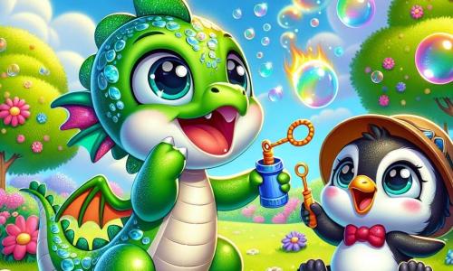 Un piccolo drago verde brillante, con squame scintillanti e grandi occhi rotondi pieni di curiosità, sta soffiano bolle di sapone colorate in un parco soleggiato. Ha un grande sorriso gioioso sul viso, mentre le bolle fluttuano intorno a lui come palloni magici. Accanto a lui, un adorabile pinguino, indossando un piccolo cappello da esploratore, guarda con meraviglia le bolle che si alzano nel cielo, pronto a saltare per prenderne una. Un coniglietto adorabile con grandi orecchie e un piccolo papillon rosso è seduto sull'erba, ridendo mentre cerca di afferrare una bolla. Il luogo è un parco colorato di Pufflandia, pieno di fiori brillanti e alberi con tronchi larghi, mentre nel cielo blu chiaro fluttuano nuvole a forma di caramelle. I risate dei bambini risuonano in sottofondo, aggiungendo magia all'atmosfera. La scena principale mostra il drago, il pinguino e il coniglio in festa, creando bolle di sapone che fluttuano intorno a loro, pronti per una nuova avventura piena di risate e sorprese.