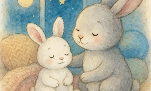 Puszysty biały króliczek z lekko przymkniętymi oczami siedzi na różowym, miękkim kocyku z łapkami na brzuchu, obok niego mama — duża szara królowa o łagodnym spojrzeniu, kładzie łapę na jego ramieniu i delikatnie go głaszcze; wokół prosty dziergany pled i okrągłe poduszki tworzą przytulną atmosferę, w tle okno z głębokim nocnym niebem, kilkoma żółtymi gwiazdami i bladą księżycową poświatą, scena w zbliżeniu z lekko z góry, pastelowa paleta (róż, błękit, szarość, beż) z ciepłymi żółtymi akcentami, miękkie linie i rozmyte kontury, akwarelowe ławy i subtelne rozbryzgi; górna margines pozostawiony pusty na tytuł.