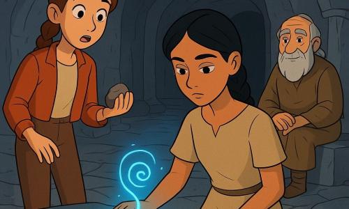 The main scene shows a calm teenage girl, Alya (about 15), with braided black hair and a simple sand-colored linen dress, placing her hand on a small glowing blue spring at the center of an underground chamber; beside her, another 15-year-old, Zaynab, brown hair in a braid and a rust-colored short jacket, looks surprised and brave while holding a stone and standing slightly to Alya’s left, and an elderly storyteller (about 70) with a white beard and worn robe sits on a rock in the background, watching with a gentle smile. The chamber is carved from gray rock with visible striations, irregular flagstone floor, collapsed columns and a dark arched opening behind; the spring emits a deep blue light that highlights spiral motifs carved in the stone. Alya is transmitting an ancient protective vow: a delicate blue halo rises between her hand and the spring, forming a spiral; the mood is mysterious yet soothing, with bluish reflections on faces and sharp shadows for a clear, graphic read.