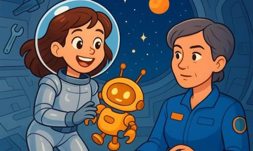 Eine Astronautin, Anna, schwebt mit einem breiten Lächeln und leuchtenden Augen vor Aufregung in einem eleganten, glänzenden silbernen Raumanzug. Ihre braunen Haare umrahmen ihr Gesicht, und sie hält einen kleinen leuchtenden Droiden in ihren Armen, bereit zur Rettung. In der Nähe beobachtet Kommandantin Li, eine etwa 40-jährige Frau mit kurzen grauen Haaren, aufmerksam die Kontrollbildschirme, mit einem konzentrierten und ermutigenden Ausdruck. Sie trägt einen blauen Pilotenanzug und steht neben einem Dashboard voller blinkender Lichter. Die Szene spielt sich in einer riesigen, futuristischen Raumstation ab, mit glänzenden Metallwänden und großen Fenstern, die einen spektakulären Blick auf den sternenübersäten Raum bieten. Kabel und Werkzeuge schweben umher und verleihen der Umgebung einen Hauch von Realismus. In dieser Hauptsituation versucht Anna entschlossen und froh, den im Eck der Station festsitzenden Droiden zu befreien, während Kommandantin Li ihr über den Kommunikator ermutigende Worte zusendet.