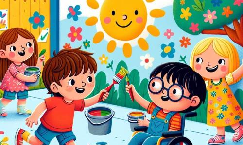 Cuatro amigos, dos chicos y dos chicas de cuatro años, están en un patio escolar colorido. Leo, un niño de cabello castaño y rizado, lleva una camiseta roja y un pantalón corto azul, corre felizmente con botes de pintura en las manos. A su lado, Tomi, una niña de cabello rubio y liso, vestida con un vestido de flores, está agachada pintando un gran sol amarillo en una pared. Sam, un chico con gafas y cabello castaño, está de pie contando una historia con gestos animados, mientras que Nico, un chico de cabello negro y corto, sonríe en su silla de ruedas, sosteniendo un pincel y dibujando un árbol con grandes hojas verdes. El patio está lleno de colores vivos, con juegos de madera, flores florecidas y un cielo azul claro. Los muros están decorados con dibujos de niños y el suelo cubierto de tiza de colores. La escena principal muestra a los cuatro amigos trabajando juntos en un mural, cada uno contribuyendo con entusiasmo a su obra colectiva, ilustrando el espíritu de equipo y la creatividad.