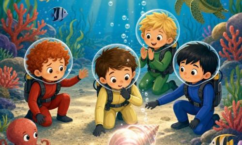 Cuatro niños de 5 años nadan en un jardín submarino claro y colorido sobre arena fina: Leo, pelo castaño corto, traje de buceo amarillo pálido, en el centro mirando con asombro una gran concha brillante que emite un tenue resplandor plateado-rosado; a su derecha Bruno, pelo rizado rojizo, traje rojo, con expresión valiente pero algo preocupada y mano extendida hacia sus amigos; a la izquierda Martín, pelo negro liso, traje azul, de mirada calmada sujetando suavemente la mano de Bruno; y detrás Nico, pelo rubio despeinado, traje verde, sonriendo y aplaudiendo bajo el agua con pequeñas burbujas. Desde la concha sube una hilera de burbujas diminutas; alrededor hay peces rayados, un pequeño pulpo observador y, al fondo, una tortuga marina tranquila; el entorno tiene rocas redondeadas con corales rojos y violetas, algas verdes que se mecen y rayos de luz dorada filtrándose. Escena pacífica, colores vivos, composición simple, siluetas legibles y expresiones suaves.