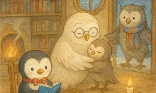 Un pequeño pingüino con pajarita roja, rostro redondo y expresión tímida y feliz, plumas suaves, sentado en una silla de madera sonriendo y sosteniendo un cuadernito azul; una gran lechuza bibliotecaria de plumaje crema y gafas redondas, con mirada serena, abre las alas para abrazar a otro ave; un gran búho viajero grisáceo-marrón con bufanda colorida salpicada de pequeños copos, cansado pero alegre, entra por la puerta de la biblioteca y extiende las alas hacia la lechuza; la biblioteca, interior cálido pintado en acuarela, estanterías de madera llenas de libros de colores, guirnalda de estrellas sobre una chimenea humeante y una ventana redonda que muestra un paisaje nevado con copos; situación principal: reencuentro silencioso y tierno — el pingüino observa mientras la lechuza y el búho se abrazan con las alas, la luz suave de velas y guirnaldas crea reflejos dorados en el suelo barnizado.