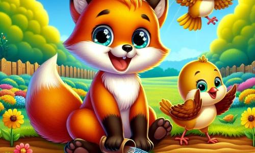 Ein kleiner Fuchs namens Felix, mit einem leuchtend orangefarbenen Fell und neugierigen, funkelnden Augen, steht im Mittelpunkt des Bildes und lächelt fröhlich, während er Samen in seinem Garten pflanzt. An seiner Seite hüpfen zwei fuchsfarbene Vögel mit strahlendem Gefieder fröhlich umher, ihre Augen leuchten vor Freude, während sie Felix helfen, die Samen mit kleinen, glitzernden Wassertropfen zu gießen. Im Hintergrund erstreckt sich ein üppiger Garten, gefüllt mit bunten Blumen, die unter einem klaren blauen Himmel erblühen, während goldene Sonnenstrahlen die Szene erhellen. Die Hauptsituation zeigt Felix und seine Freunde in Aktion, die einen Moment der Freude und Kameradschaft teilen, während sie ihren Garten für den Frühlingsmarkt vorbereiten.