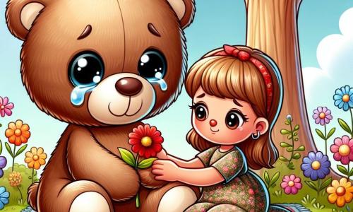 Un piccolo orsetto di peluche, con un pelo morbido e usurato, dagli occhi neri brillanti di tenerezza, è seduto su un tappeto colorato, stretto tra le braccia di una bambina dai capelli castani, che indossa un vestito a fiori. Ha uno sguardo malinconico, con le lacrime agli occhi, ma un lieve sorriso appare sul suo viso mentre ricorda momenti felici. Accanto a loro, un maestoso albero con foglie verdi brillanti si erge, simboleggiando la vita e la memoria. Il cielo è di un blu rassicurante, punteggiato da nuvole bianche e soffici, e fiori colorati circondano il tappeto, aggiungendo un tocco di gioia alla scena. La bambina e il suo orsetto stanno piantando un fiore rosso in memoria della nonna, creando un momento di connessione tra passato e presente, dove amore e ricordo si intrecciano in una dolce malinconia.