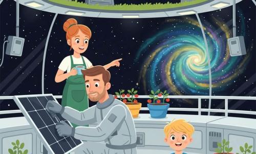 Jonas, ein ruhiger, konzentrierter Mann mit leichtem Bart und kurzem braunem Haar in einem silbernen Raumanzug, hockt und zieht eine große Schraube an einem Solarpanel fest; hinter ihm steht Mara, etwa 30, lachende Gärtnerin mit rotem Dutt und grüner Schürze, hält eine Tasse Tee und zeigt auf eine Reihe kleiner Tomaten; ein etwa siebenjähriger Junge mit zerzaustem blondem Haar sitzt auf synthetischem Rasen neben Jonas, hält eine transparente Tablet und zeichnet die große Nebelwolke; Schauplatz ist ein hängender, ringförmiger Garten mit hellen Metallplatten, weißen Geländern, bunten Blumentöpfen und abgerundeten Glaswänden, die die außen leuchtende farbige Nebelwolke (Blau, Violett, Grün, Gold) zeigen; Stimmung ruhig und kooperativ.