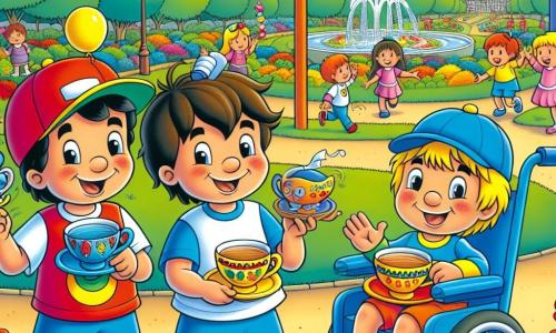 En un parque colorido, tres amigos se preparan para la Gran Carrera de Tazas. Pablo, un niño de 8 años con gorra roja y camiseta azul, está a la izquierda con una taza en la cabeza y una gran sonrisa. Juan, de 7 años, con cabello castaño y un globo amarillo en una mano, está en el centro sosteniendo dos tazas, luciendo concentrado y divertido. Luis, un niño de 9 años, sonríe en su silla de ruedas azul a la derecha, con una taza especial en sus rodillas, observando a sus amigos con alegría. El parque está lleno de flores multicolores, árboles verdes y un cielo azul brillante, con niños jugando alrededor. Al fondo, un gran cartel colorido dice "Bienvenidos a la Gran Carrera de Tazas". Los tres amigos están a punto de comenzar la carrera, riendo y corriendo juntos, tratando de no derramar el agua de sus tazas, creando una escena llena de dinamismo y camaradería.
