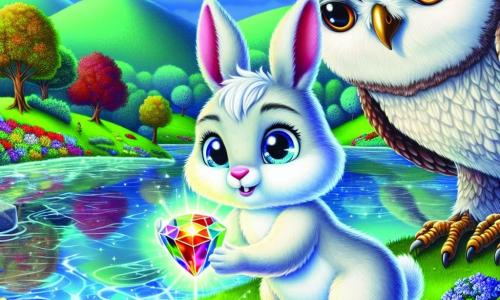 Un coniglio bianco con occhi blu brillanti e un'espressione determinata si trova al bordo di un lago scintillante, tenendo tra le zampe una gemma luminosa che brilla intensamente. Vicino a lui, un grande gufo saggio con piume grigie e occhi penetranti osserva il giovane coniglio, con le ali leggermente spiegate come se fosse pronto a proteggerlo. Il paesaggio è incantevole, con colline verdi, alberi fioriti e un cielo blu punteggiato di nuvole bianche, mentre il lago cristallino riflette la luce dorata del sole al tramonto. Il momento cruciale mostra il coniglio che, con coraggio, immerge la gemma di luce nell'acqua torbida del lago, provocando un'esplosione di colori e luce che inizia a purificare l'acqua, portando speranza e magia al regno di Verdecollina.