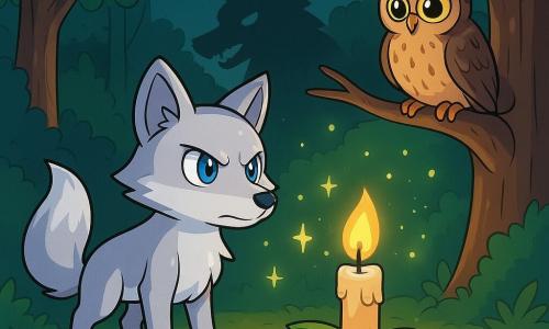 Un zorro de plata con pelaje plateado brillante y ojos azules luminosos se encuentra sobre una piedra lisa al borde de un claro en el bosque, mostrando una expresión decidida y valiente. Observa atentamente una pequeña luz dorada, una suave llama que emana de una vela colocada sobre una hoja verde. Cerca, una lechuza de grandes ojos redondos y plumaje marrón moteado se posó en una rama, observando la escena con curiosidad y sabiduría. Un grupo de luciérnagas brillantes, como pequeñas estrellas danzantes, vuela alrededor de la vela, iluminando el claro con un resplandor cálido y alegre. El lugar es un claro de bosque encantado, rodeado de árboles majestuosos con troncos gruesos y hojas de un verde brillante, donde suaves sombras se dibujan sobre el suelo cubierto de hojas doradas. La situación principal muestra al zorro de plata, listo para reunir a sus amigos para una ronda protectora, mientras una sombra amenazante, la del gran lobo malo, se perfila en el fondo, creando una tensión palpable en el aire.