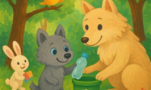 Um pequeno lobo cinza de pelo macio e olhos azuis, sorriso orgulhoso, segurando uma garrafa plástica translúcida com a patinha, em um caminho de terra claro; uma maman-lobo maior de pelagem creme, expressão acolhedora, agachada ao lado guiando a patinha do filhote para uma lixeira verde brilhante; um coelhinho branco chamado Bibi à esquerda, segurando um papel colorido e saltitando; um passarinho amarelo chamado Titi empoleirado em um galho baixo acima, olhando entusiasmado; floresta luxuriante com troncos marrons, folhas verdes, flores vermelhas e roxas, raios de sol dourados e pequenas samambaias; cena alegre e clara em que o filhote deposita a garrafa na lixeira enquanto os amigos observam e aplaudem, atmosfera limpa, colorida e reconfortante, composição centrada com paleta suave e contrastes quentes adequada para guache.