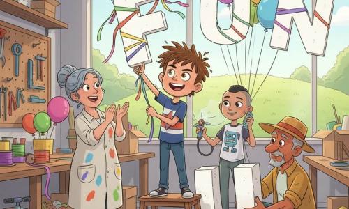 A 10-year-old boy with messy brown hair, glue-stained fingers and a determined grin stands on a small wooden ladder holding a large white foam letter decorated with colorful ribbons; a ~40-year-old woman (Mrs. Kemp) with blue-gray hair in a bun and a paint-stained work smock applauds at a workshop table to his left; an older man (Jojo, ~65) with tanned skin, callused hands and a straw hat crouches to his right securing another letter with a small wooden brace; a ~14-year-old girl (Maya) with one side shaved and a robot T-shirt holds a small electric propeller behind the ladder to direct the letters; the bright, cluttered fablab has large morning-lit windows, wooden tables with ribbon rolls, colorful balloons, foam boxes, hanging tools and a silver helium pump, and the final test shows several large white letters tied to multicolored balloons beginning to rise in a line over the hill visible through the window, garlands floating and ribbons fluttering in a joyful, vivid scene with warm, exaggerated expressions.