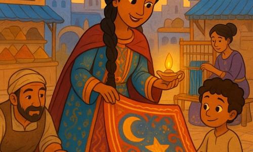 A kind smiling woman with warm skin and braided black hair, wearing a long colorful oriental-patterned dress and light cloak, holds a glowing oil lamp in her left hand and unrolls a large warm-toned tapestry-carpet that gently lights up; a shy curly-haired boy of about seven stands to her right in the foreground placing a small ordinary pebble on the carpet; a fifty-year-old potter with clay-stained hands and apron crouches to the left holding a clay moon awaiting stitching; behind the woman a forty-year-old weaver with her hair in a bun works the loom with a shuttle of blue and gold threads; the scene is an open square with blue-tiled houses and carved mashrabiya, a stone fountain, spice stalls, hanging lanterns and floor mosaics at golden dusk, artisans and the boy gathered around the glowing tapestry showing colorful threads, a clay moon and a glass star, creating a warm magical atmosphere evoking One Thousand and One Nights.