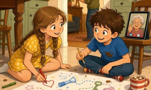 Hay tres personajes: niño de 9 años, Nico, cabello castaño corto y despeinado, camiseta azul con mancha de chocolate, sentado a la derecha en el suelo de la cocina sosteniendo un lápiz y dejando caer una miga sobre una gran hoja blanca; niña de 9 años, Luna, cabello largo avellana en dos trenzas, vestido amarillo con lunares blancos, sentada a la izquierda frente a Nico, sostiene un rotulador rojo y dibuja un corazón; hombre de 38 años, el padre, barba corta y gafas, jersey verde oliva remangado, de pie al fondo junto al salón reparando una pequeña lámpara y sonriendo, visible a través de la abertura de la cocina. Lugar: cocina cálida y luminosa en plano cercano, suelo claro, mesa de madera con tazas de chocolate caliente, una gran hoja blanca en el suelo y migas de galleta esparcidas como pequeñas estrellas; una tablet sobre una silla muestra a la abuela en videollamada. Situación: los niños trazan un 