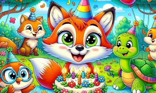 Ilustración que representa a un pequeño zorro travieso, con un pelaje naranja brillante y ojos chispeantes de alegría. Lleva un pequeño sombrero de fiesta colorido y sonríe ampliamente, sosteniendo un pastel decorado con flores como velas, rodeado de sus amigos. Un pequeño pájaro de plumas azules y amarillas, posado en una rama, observa con emoción, sus ojos brillando de curiosidad, listo para cantar una canción de cumpleaños. Una tortuga sabia, con un caparazón verde adornado con patrones coloridos, está cerca del zorro, sonriendo orgullosamente mientras sostiene un plato de deliciosas zanahorias. El lugar principal es un parque soleado, lleno de flores brillantes de todos los colores, con árboles majestuosos que ofrecen sombra. Guirnaldas de globos flotan en el aire, y una gran alfombra de hierba invita a la fiesta. La situación principal muestra al zorro celebrando su cumpleaños rodeado de sus amigos, todos alegres y listos para compartir este momento especial. Risas y voces resuenan, mientras el pastel se encuentra en el centro, iluminado por flores coloridas. Otros elementos gráficos incluyen globos multicolores flotando en el cielo, confeti cayendo suavemente a su alrededor, y un ambiente festivo lleno de alegría y amistad.