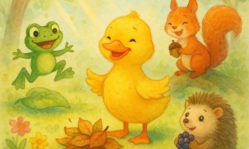 Un rățușcă galbenă strălucitoare (Ducu), zâmbitoare și mândră, pene moi, aripi ușor desfăcute, lângă o grămadă de frunze ca și cum ar fi descoperit-o, o broască verde veselă (Toto) săltând pe o frunză la stânga, o veveriță roșcată curioasă (Mina) cu o ghindă cocoțată pe o rădăcină joasă, un arici mic cu țepi moi (Roco) ținând o minge de fructe de pădure lângă grămada de frunze, toți prieteni adunați în luminișul pădurii cu iarbă moale, mușchi și flori, sub raze de soare care străpung crengile.