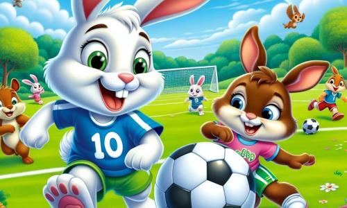 Benny, een klein konijn met grote oren en zachte witte vacht, is vrolijk en enthousiast terwijl hij een voetbal dribbelt op een groen veld. Hij draagt een blauw shirt met nummer 10 op zijn rug en heeft een grote glimlach op zijn gezicht. Naast hem staat Lila, een andere konijn met een bruine vacht en sprankelende ogen, geconcentreerd en vastberaden om de bal te ontvangen. Ze draagt een roze t-shirt en groene shorts en staat iets achteruit, klaar om te springen en de bal te raken. Het veld is omringd door kleurrijke bloemen en groene bomen, met een heldere blauwe lucht en enkele drijvende witte wolken. Op de achtergrond zijn andere kleine dieren te zien, zoals eekhoorns en vogels, die nieuwsgierig en enthousiast naar de scène kijken. De belangrijkste situatie toont Benny die de bal naar Lila speelt, die zich voorbereidt om te schieten, wat de teamgeest en de vreugde van het spel illustreert.