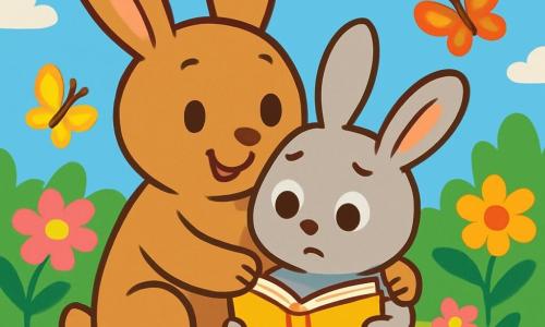 Een klein konijntje met grote oren, genaamd Klein Konijn, kijkt met grote, bezorgde ogen naar zijn boek terwijl hij zit in een mooie tuin vol kleurrijke bloemen. Hij heeft een zachte, grijze vacht en zijn pootjes liggen op het groene gras. Naast hem glimlacht zijn mama, een grote konijn met een lichtbruine vacht, liefdevol terwijl ze hem warm omhelst, met trotse, glinsterende ogen. De tuin is zonnig, met vlinders die rond de roze en gele bloemen fladderen, en een helderblauwe lucht op de achtergrond. Klein Konijn, een beetje nerveus maar vastberaden, staat op het punt om met zijn vrienden te gaan spelen, terwijl zijn mama hem aanmoedigt met een liefdevolle blik.