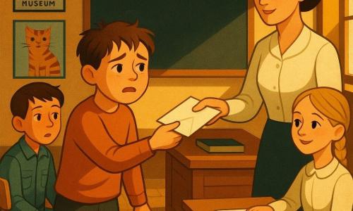 Ein rundgesichtiges 12-jähriges Junge mit zerzausten braunen Haaren und leicht feuchten haselnussbraunen Augen, nervös und zugleich erleichtert, reicht ein gefaltetes Formular zur Unterschrift der Lehrerin (ca. 35, châtain zurückgebunden, helle Bluse, ruhiges Lächeln, wohlwollender Blick), links sitzt sein Freund Tarek (~12) lässig auf einem Holzstuhl in ausgewaschenen Jeans, rechts Mia (~12) mit blonder Zopf, geöffnetem Heft und ermutigendem Lächeln; die warme Klassenzimmeratmosphäre zeigt helle Holzpulte, eine Tafel mit «Elternabend», bunte Tierplakate und ein großes Museumsplakat, Sonnengold durch ein Fenster, Parkettboden, vereinzelte Blätter und Rucksack auf dem Boden, Bildkomposition legt den Fokus auf die ausgestreckte Hand mit dem Papier und die ausgetauschten Blicke, warme Farben, weiche Kontraste und leicht karikierte, ausdrucksstarke Figuren.