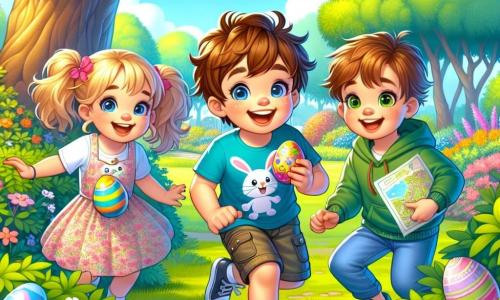 Im Zentrum des Bildes sind drei Kinder in einem sonnigen Park aktiv. Finn, ein 8-jähriger Junge mit zerzausten braunen Haaren, trägt ein blaues T-Shirt mit einem Hasenmotiv und hält ein buntes Ei in seinen Händen, während er lächelt. Mia, seine 6-jährige Schwester mit blonden Zöpfen und einem rosa Blumenkleid, steht neben Finn und zeigt auf ein hinter einem Busch verstecktes Ei, ihre Augen strahlen vor Aufregung. Leo, ein 7-jähriger Junge mit braunen Haaren und einem grünen Sweatshirt, steht etwas abseits und hält in einer Hand eine Schatzkarte und in der anderen ein Ei, mit einem neugierigen Gesichtsausdruck. Der Park ist voller bunter Blumen, großer Bäume mit grünen Blättern und einem saftigen Rasen. Im Hintergrund steht eine majestätische alte Eiche mit weit ausladenden Ästen. Die Szene zeigt die Kinder bei der Ostereiersuche, umgeben von Lachen und Freude, während ein kleiner weißer Hase sie heimlich von einem blühenden Busch aus beobachtet.