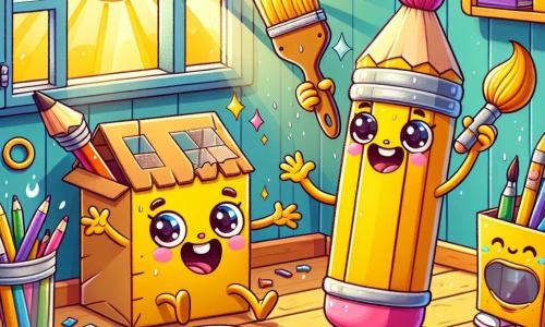 Lápiz, un adorable lápiz amarillo con una gran goma rosa, sonríe alegremente mientras dibuja ventanas en una casa de cartón. Sus ojos brillan de emoción mientras se concentra en su obra. A su lado, Pincel, un pincel de colores y cerdas despeinadas, salpica pintura azul sobre otra caja, riendo de felicidad. Tijeras, unas tijeras con mangos rojos brillantes, salta de alegría sosteniendo una tira de papel recortada, lista para añadirla a su creación colectiva. Libreta, un cuaderno de páginas blancas y esquinas de colores, está sentada en posición de loto, dibujando un plano de su ciudad de cartón con una gran sonrisa. Su espacio de trabajo es una estantería de madera, llena de útiles escolares coloridos, con estantes cargados de libros y juegos. Rayos de sol filtran a través de la ventana, iluminando la escena con una luz dorada. La atmósfera es alegre y creativa, llena de risas y colores vivos, mientras construyen juntos su ciudad imaginaria para el verano.