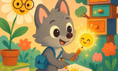 Un pequeño lobo explorador sonriente y maravillado, pelaje gris, orejas grandes y ojos brillantes, con una bolsita azul y un lápiz, sentado en una piedra cantora dibujando un diminuto sol en una hoja; Solito, el minisol, es una bolita luminosa amarillo‑naranja con rostro alegre y mejillas rosadas que parpadea y sale de la hoja en la punta del lápiz; Marga la margarita, gran flor blanca con gafas redondas y rostro amable, se asoma sonriendo desde una maceta a la izquierda y extiende una hoja como aplaudiendo; un árbol‑cajón al fondo parece un árbol de cajones de madera coloridos con pomos de concha, abiertos y emitiendo pequeñas luces; jardín fantástico de senderos a rayas hechos de libros apilados, macetas saltarinas, flores de textura textil, colores pastel vivos y cielo degradado melocotón‑azul; situación: un dibujo cobra vida — el minisol surge de la hoja y hace cosquillas al aire provocando luciérnagas de luz y sonrisas, ambiente alegre, cálido y juguetón, composición centrada y con detalles divertidos.