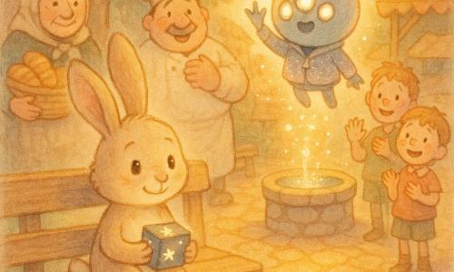 Fips, ein kleiner anthropomorpher Hase mit langen Ohren, beige weichem Fell und neugierigen runden Augen, lächelt zärtlich und hält einen kleinen leuchtenden Sternblock; neben ihm schwebt Pliim, ein rundlicher Außerirdischer mit drei leuchtenden Augen, feinen Antennen und silbern schimmernder Jacke, winkend neben einem kleinen „Kessel“-Raumschiff; Dorfbewohner — eine alte Frau mit Brotkorb, ein gutmütiger Bäcker und Kinder mit Sommersprossen — legen die Hand aufs Herz oder winken, versammelt um eine warme, gepflasterte Dorfmitte mit Brunnen, verwitterten Holzbänken, Marktständen und grüner Hecke im goldenen Abendlicht; das runde Raumschiff steigt sanft auf, hinterlässt einen Heiligenschein aus Lichtblasen, alle schauen mit rührender Zuneigung auf die Verbindung zwischen Fips und Pliim; Aquarellstil, weiche Pastelltöne, körnige Textur, leichte Konturen und funkelnde Lichtakzente.